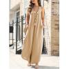 imageHappy Sailed Womens Jumpsuits Loose Overalls Summer Sleeveless Ruched V Neck Flared Wide Leg Pants Rompers with PocketsApricot