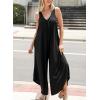imageHappy Sailed Womens Jumpsuits Loose Overalls Summer Sleeveless Ruched V Neck Flared Wide Leg Pants Rompers with PocketsBlack
