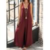 imageHappy Sailed Womens Jumpsuits Loose Overalls Summer Sleeveless Ruched V Neck Flared Wide Leg Pants Rompers with PocketsBurgundy