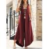 imageHappy Sailed Womens Jumpsuits Loose Overalls Summer Sleeveless Ruched V Neck Flared Wide Leg Pants Rompers with PocketsBurgundy