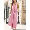imageHappy Sailed Womens Jumpsuits Loose Overalls Summer Sleeveless Ruched V Neck Flared Wide Leg Pants Rompers with PocketsPink
