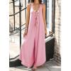 imageHappy Sailed Womens Jumpsuits Loose Overalls Summer Sleeveless Ruched V Neck Flared Wide Leg Pants Rompers with PocketsPink