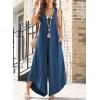 imageHappy Sailed Womens Jumpsuits Loose Overalls Summer Sleeveless Ruched V Neck Flared Wide Leg Pants Rompers with PocketsSail Blue