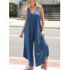 imageHappy Sailed Womens Jumpsuits Loose Overalls Summer Sleeveless Ruched V Neck Flared Wide Leg Pants Rompers with PocketsSail Blue