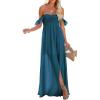 imageHappy Sailed Womens 2025 Summer Smocked Off The Shoulder Maxi Dresses Ruffle Short Sleeve A Line Side Slit SundressPrussian Blue