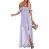 imageHappy Sailed Womens 2025 Summer Smocked Off The Shoulder Maxi Dresses Ruffle Short Sleeve A Line Side Slit SundressPurple