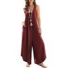 imageHappy Sailed Womens Jumpsuits Loose Overalls Summer Sleeveless Ruched V Neck Flared Wide Leg Pants Rompers with PocketsBurgundy