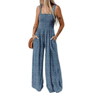 imageHappy Sailed Jumpsuits for Women Summer Casual Floral Print Sleeveless Jumpsuit High Waist Wide Leg Pant Rompers with PocketsBlue