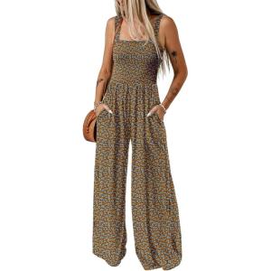 imageHappy Sailed Jumpsuits for Women Summer Casual Floral Print Sleeveless Jumpsuit High Waist Wide Leg Pant Rompers with PocketsBrown