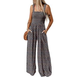 imageHappy Sailed Jumpsuits for Women Summer Casual Floral Print Sleeveless Jumpsuit High Waist Wide Leg Pant Rompers with PocketsDark Blue