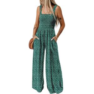 imageHappy Sailed Jumpsuits for Women Summer Casual Floral Print Sleeveless Jumpsuit High Waist Wide Leg Pant Rompers with PocketsDark Green