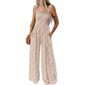 imageHappy Sailed Jumpsuits for Women Summer Casual Floral Print Sleeveless Jumpsuit High Waist Wide Leg Pant Rompers with PocketsKhaki