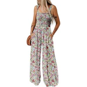 imageHappy Sailed Jumpsuits for Women Summer Casual Floral Print Sleeveless Jumpsuit High Waist Wide Leg Pant Rompers with PocketsLight Pink