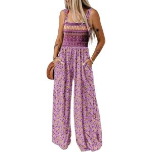 imageHappy Sailed Jumpsuits for Women Summer Casual Floral Print Sleeveless Jumpsuit High Waist Wide Leg Pant Rompers with PocketsPink