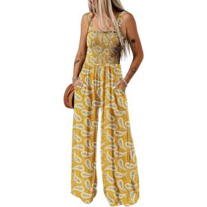imageHappy Sailed Jumpsuits for Women Summer Casual Floral Print Sleeveless Jumpsuit High Waist Wide Leg Pant Rompers with PocketsYellow