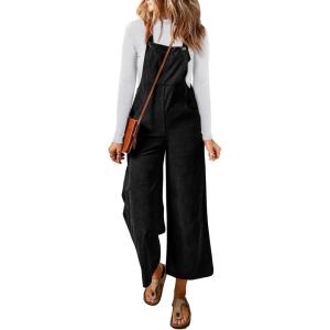 imageHappy Sailed Women Corduroy Overalls Winter Fall Casual Loose Sleeveless Adjustable Strap Wide Leg Jumpsuits with PocketsBlack