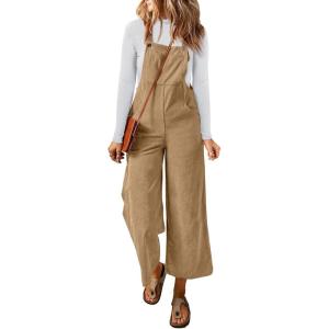 imageHappy Sailed Women Corduroy Overalls Winter Fall Casual Loose Sleeveless Adjustable Strap Wide Leg Jumpsuits with PocketsKhaki