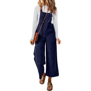 imageHappy Sailed Women Corduroy Overalls Winter Fall Casual Loose Sleeveless Adjustable Strap Wide Leg Jumpsuits with PocketsNavy Blue