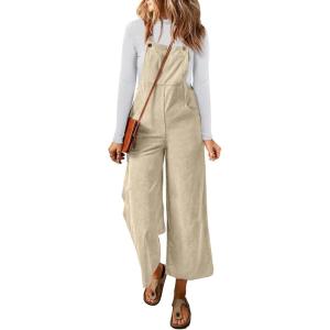 imageHappy Sailed Women Corduroy Overalls Winter Fall Casual Loose Sleeveless Adjustable Strap Wide Leg Jumpsuits with PocketsOffwhite