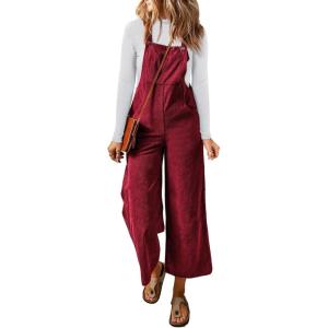 imageHappy Sailed Women Corduroy Overalls Winter Fall Casual Loose Sleeveless Adjustable Strap Wide Leg Jumpsuits with PocketsRed
