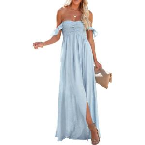 imageHappy Sailed Womens 2025 Summer Smocked Off The Shoulder Maxi Dresses Ruffle Short Sleeve A Line Side Slit SundressB Blue