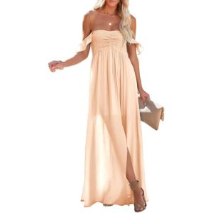 imageHappy Sailed Womens 2025 Summer Smocked Off The Shoulder Maxi Dresses Ruffle Short Sleeve A Line Side Slit SundressBeige