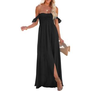 imageHappy Sailed Womens 2025 Summer Smocked Off The Shoulder Maxi Dresses Ruffle Short Sleeve A Line Side Slit SundressBlack