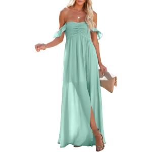 imageHappy Sailed Womens 2025 Summer Smocked Off The Shoulder Maxi Dresses Ruffle Short Sleeve A Line Side Slit SundressGreen