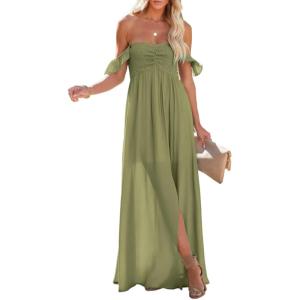 imageHappy Sailed Womens 2025 Summer Smocked Off The Shoulder Maxi Dresses Ruffle Short Sleeve A Line Side Slit SundressOlive Green