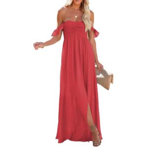 imageHappy Sailed Womens 2025 Summer Smocked Off The Shoulder Maxi Dresses Ruffle Short Sleeve A Line Side Slit SundressOrange