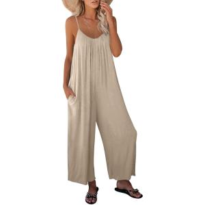 imageHappy Sailed Womens Casual Jumpsuits Loose Overalls Summer Sleeveless Stretchy Wide Leg Long Pants Romper with PocketsA Solid Apricot