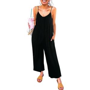 imageHappy Sailed Womens Casual Jumpsuits Loose Overalls Summer Sleeveless Stretchy Wide Leg Long Pants Romper with PocketsA Solid Black