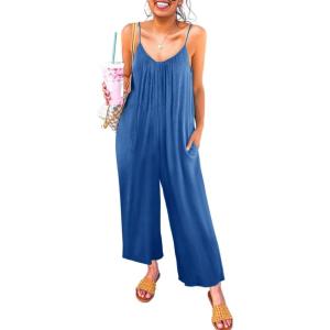 imageHappy Sailed Womens Casual Jumpsuits Loose Overalls Summer Sleeveless Stretchy Wide Leg Long Pants Romper with PocketsA Solid Blue 1