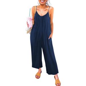 imageHappy Sailed Womens Casual Jumpsuits Loose Overalls Summer Sleeveless Stretchy Wide Leg Long Pants Romper with PocketsA Solid Blue 2