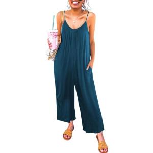 imageHappy Sailed Womens Casual Jumpsuits Loose Overalls Summer Sleeveless Stretchy Wide Leg Long Pants Romper with PocketsA Solid Blue 3