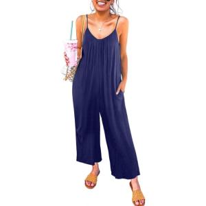 imageHappy Sailed Womens Casual Jumpsuits Loose Overalls Summer Sleeveless Stretchy Wide Leg Long Pants Romper with PocketsA Solid Blue