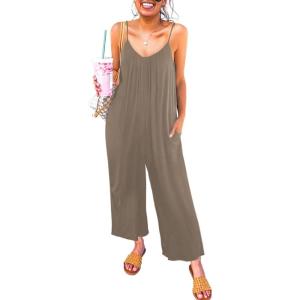 imageHappy Sailed Womens Casual Jumpsuits Loose Overalls Summer Sleeveless Stretchy Wide Leg Long Pants Romper with PocketsA Solid Brown 1