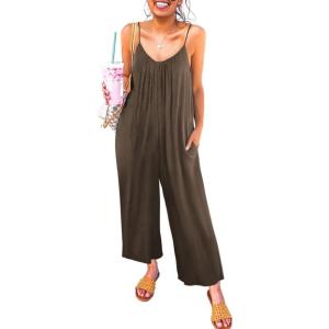 imageHappy Sailed Womens Casual Jumpsuits Loose Overalls Summer Sleeveless Stretchy Wide Leg Long Pants Romper with PocketsA Solid Brown