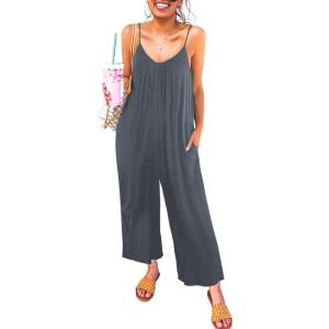 imageHappy Sailed Womens Casual Jumpsuits Loose Overalls Summer Sleeveless Stretchy Wide Leg Long Pants Romper with PocketsA Solid Dark Gray