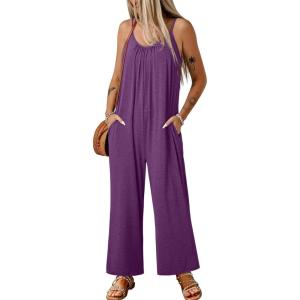 imageHappy Sailed Womens Casual Jumpsuits Loose Overalls Summer Sleeveless Stretchy Wide Leg Long Pants Romper with PocketsA Solid Dark Purple