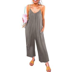imageHappy Sailed Womens Casual Jumpsuits Loose Overalls Summer Sleeveless Stretchy Wide Leg Long Pants Romper with PocketsA Solid Gray