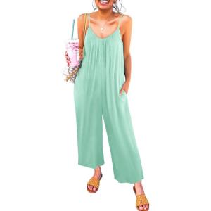 imageHappy Sailed Womens Casual Jumpsuits Loose Overalls Summer Sleeveless Stretchy Wide Leg Long Pants Romper with PocketsA Solid Green 1