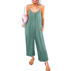 imageHappy Sailed Womens Casual Jumpsuits Loose Overalls Summer Sleeveless Stretchy Wide Leg Long Pants Romper with PocketsA Solid Green 2