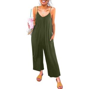 imageHappy Sailed Womens Casual Jumpsuits Loose Overalls Summer Sleeveless Stretchy Wide Leg Long Pants Romper with PocketsA Solid Green