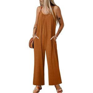 imageHappy Sailed Womens Casual Jumpsuits Loose Overalls Summer Sleeveless Stretchy Wide Leg Long Pants Romper with PocketsA Solid Khaki