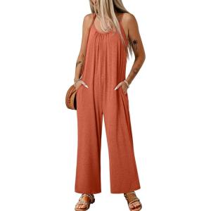 imageHappy Sailed Womens Casual Jumpsuits Loose Overalls Summer Sleeveless Stretchy Wide Leg Long Pants Romper with PocketsA Solid Orange