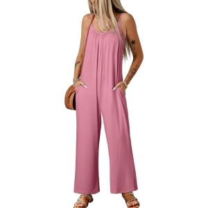 imageHappy Sailed Womens Casual Jumpsuits Loose Overalls Summer Sleeveless Stretchy Wide Leg Long Pants Romper with PocketsA Solid Pink
