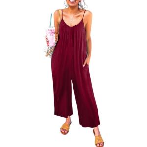 imageHappy Sailed Womens Casual Jumpsuits Loose Overalls Summer Sleeveless Stretchy Wide Leg Long Pants Romper with PocketsA Solid Red