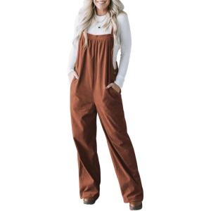 imageHappy Sailed Womens Corduroy Overalls Winter Fall Casual Sleeveless Adjustable Strap Wide Leg Long Pants RompersBrown