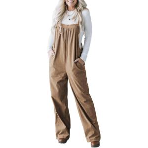 imageHappy Sailed Womens Corduroy Overalls Winter Fall Casual Sleeveless Adjustable Strap Wide Leg Long Pants RompersKhaki